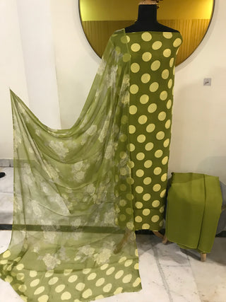 Digital Crepe Polka Printed-Green Creme Suit