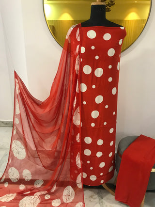 Polka Crepe Digital Printed-Red White Suit