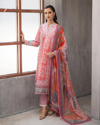 An Orange and White multicolour digital printed lawn shirt, embroidered neckline and lawn bottom suit set 
