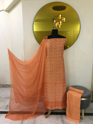 Timeless Peach Elegance - Pure Maheshwari Suit with Intricate Prints