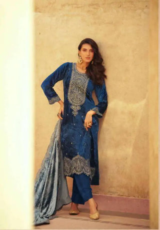 Aiqa Shikharbagh Velvet Winter Embroidered Collection -Blue Suit