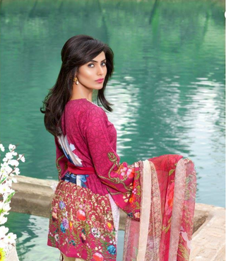 Qalamkar Khas Embroidered Lawn  Collection -Magenta Suit