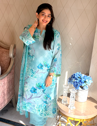 Neer Mogra Crepe Suit in Light Blue- Stitched