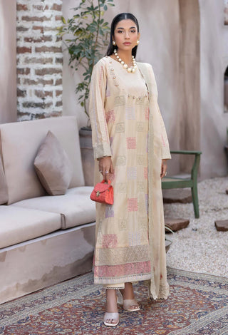 Adan's Libas Lawn by Hadiqa Bashir 2024 collection featuring embroidered lawn shirt front and back, embroidered lawn sleeves, dyed cotton trousers, and an embroidered chiffon dupatta.

