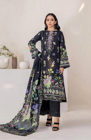 A soft mahajal digital printed lawn with embroidery and a digitally printed dupatta with cutwork embroidery 
