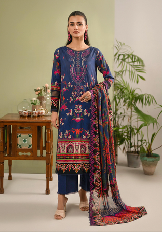 A soft Hania digital printed lawn suit featuring exquisite embroidery, paired with a digitally printed chiffon dupatta adorned with intricate cutwork embroidery, offering a blend of elegance and contemporary style.