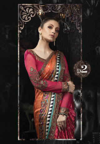 Maria B Charemuese Silk Saree Embroidered Collection - Rani Pink Saree