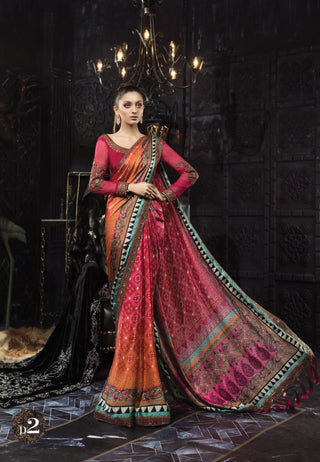 Maria B Charemuese Silk Saree Embroidered Collection - Rani Pink Saree