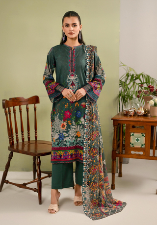 A soft Hania digital printed lawn suit featuring exquisite embroidery, paired with a digitally printed chiffon dupatta adorned with intricate cutwork embroidery, offering a blend of elegance and contemporary style.