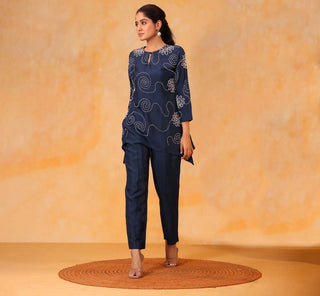 Hand Embroidered Muslin Whirl Flower Deep Blue Co Ord Set