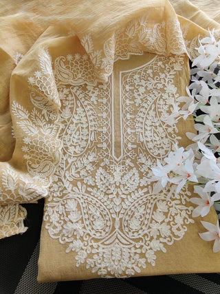 Siron C Mal Chanderi Applique Embroidery Suit Set- Muddy Yellow