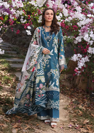 Beautiful unstitched suit from the Elaf Chikankari 2024 Collection. Includes digital printed and Chikankari lawn fabric for shirt front, back, and sleeves, embroidered organza borders, digital printed voile dupatta, and solid dyed cambric trousers.

