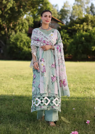 Beautiful unstitched suit from the Elaf Chikankari 2024 Collection. Includes digital printed and Chikankari lawn fabric for shirt front, back, and sleeves, embroidered organza borders, digital printed voile dupatta, and solid dyed cambric trousers.

