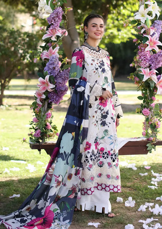 Beautiful unstitched suit from the Elaf Chikankari 2024 Collection. Includes digital printed and Chikankari lawn fabric for shirt front, back, and sleeves, embroidered organza borders, digital printed voile dupatta, and solid dyed cambric trousers.

