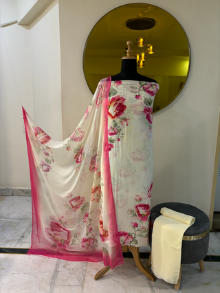 A super soft 60gm crepe digital printed with floral and Pakistani prints and a digitally printed chiffon dupata 