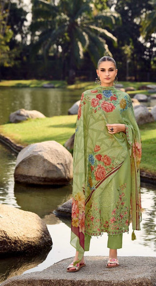 A soft pastel suit adorned with delicate thread embroidery, complemented by a digitally printed floral chiffon dupatta, offering a graceful and feminine ensemble perfect for any occasion.
