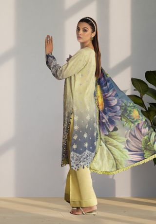 A soft jade digital printed lawn shirt with embroidered borders and a digitally printed textured woven dupatta- Zebaish Etioles Collection - Floral Prints & Embroidered Necklines | Woven & Digital Printed Dupattas