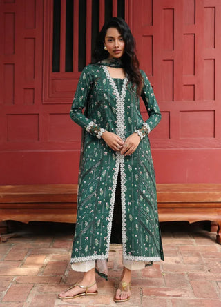 Qalamakar Q Prints Lawn Collection- Bottle Green Suit