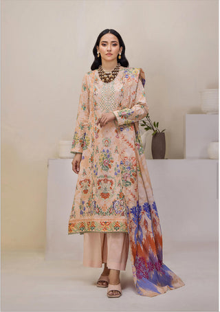 A soft mahajal digital printed lawn with embroidery and a digitally printed dupatta with cutwork embroidery 
