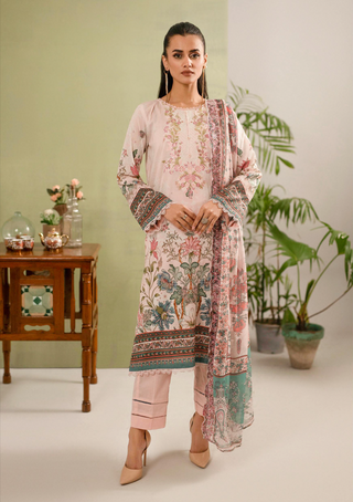 A soft Hania digital printed lawn suit featuring exquisite embroidery, paired with a digitally printed chiffon dupatta adorned with intricate cutwork embroidery, offering a blend of elegance and contemporary style.