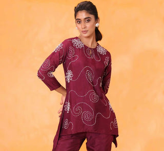 Hand Embroidered Muslin Whirl Flower Maroon Co Ord Set