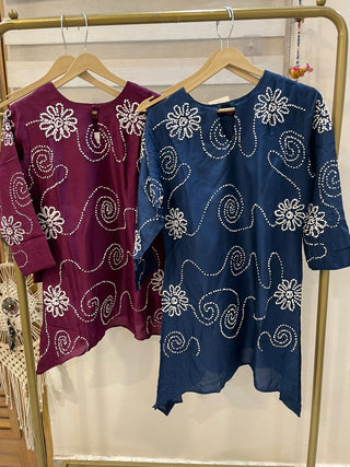 Hand Embroidered Muslin Whirl Flower Maroon Co Ord Set