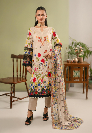 A soft Hania digital printed lawn suit featuring exquisite embroidery, paired with a digitally printed chiffon dupatta adorned with intricate cutwork embroidery, offering a blend of elegance and contemporary style.