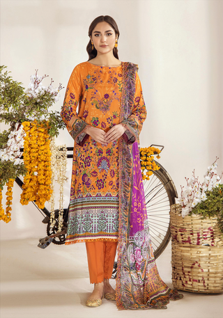 A soft Hania digital printed lawn suit featuring exquisite embroidery, paired with a digitally printed chiffon dupatta adorned with intricate cutwork embroidery, offering a blend of elegance and contemporary style.