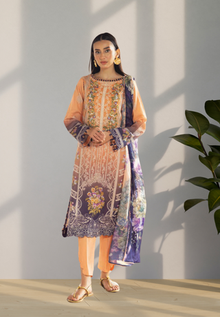 A soft jade digital printed lawn shirt with embroidered borders and a digitally printed textured woven dupatta- Zebaish Etioles Collection - Floral Prints & Embroidered Necklines | Woven & Digital Printed Dupattas