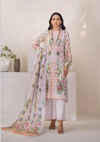 A soft mahajal digital printed lawn with embroidery and a digitally printed dupatta with cutwork embroidery 
