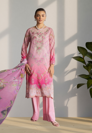 A soft jade digital printed lawn shirt with embroidered borders and a digitally printed textured woven dupatta- Zebaish Etioles Collection - Floral Prints & Embroidered Necklines | Woven & Digital Printed Dupattas
