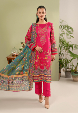 A soft Hania digital printed lawn suit featuring exquisite embroidery, paired with a digitally printed chiffon dupatta adorned with intricate cutwork embroidery, offering a blend of elegance and contemporary style.